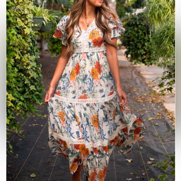 Roolee Dresses & Skirts - Floral Maxi Dress with Orange and Blue Accents